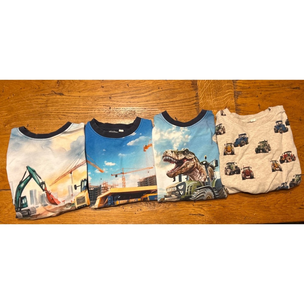 Lot of 4 MinyMo Monster Trucks Dinosaurs Organic Long Sleeved Shirt Sz 5Y 110